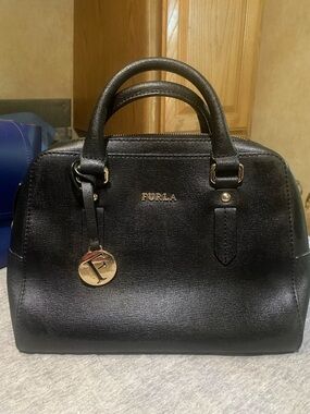 Furla Black Leather Structured Satchel with Gold Charm